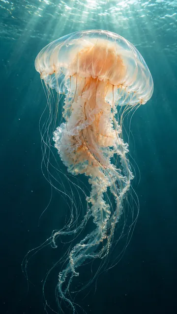 Translucent jellyfish drifting through deep turquoise water beneath shafts of sunlight